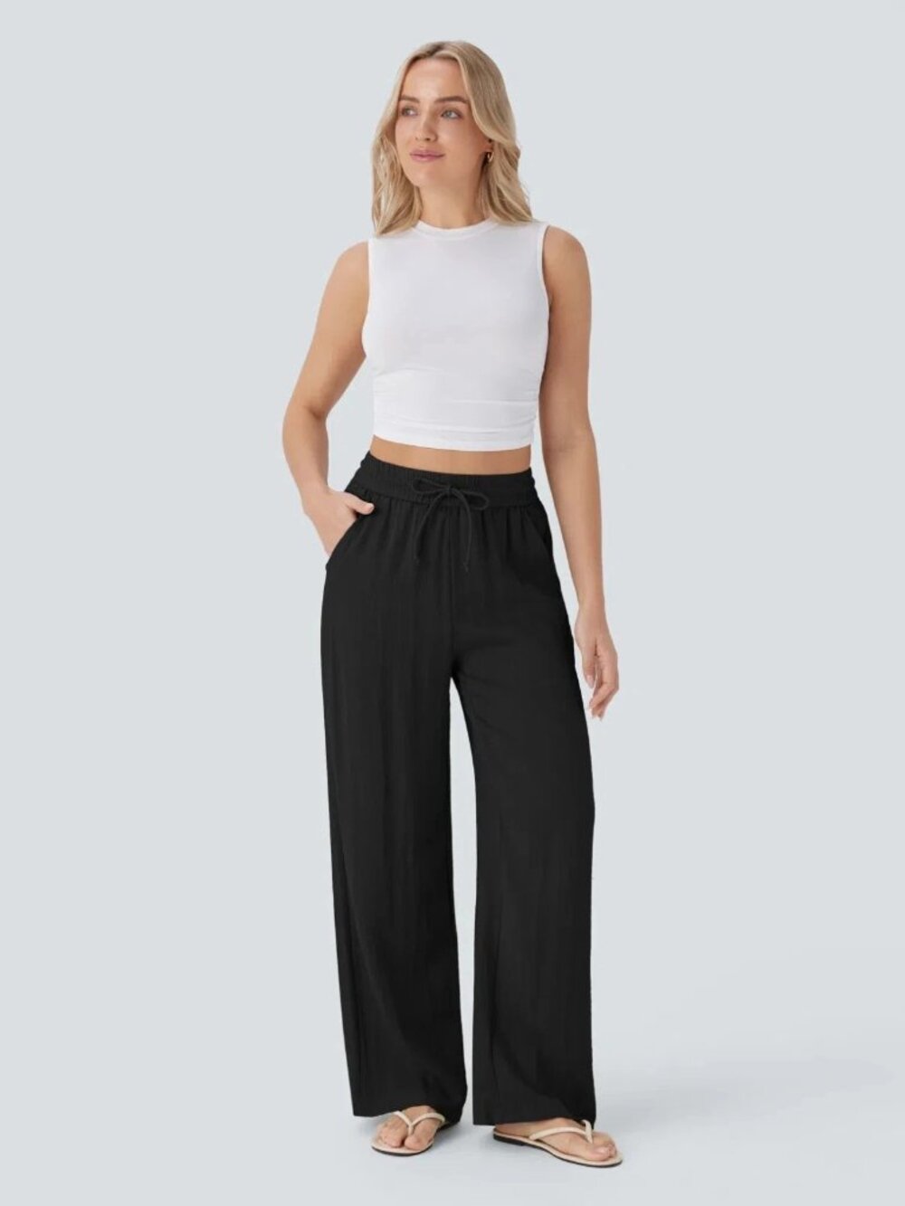 Halara XL Petite High Waisted Drawstring Wide Leg Baggy Linen-Feel Pants 50% off